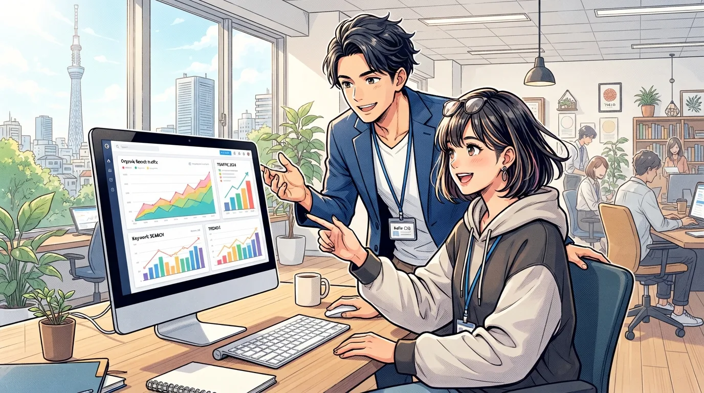 WEBマーケティングと外部エンジニアの連携を表現したイラスト