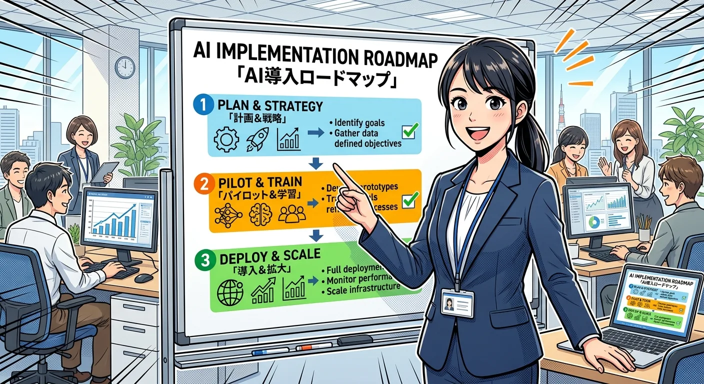PCの前でAI導入の3ステップロードマップを確認して笑顔を見せる社内担当者のイラスト