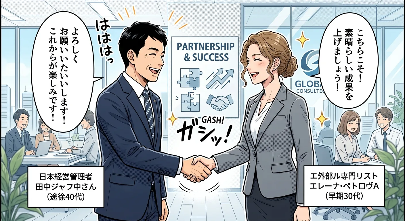 自社の経営者と外部のIT専門家が固い握手を交わし、協力してプロジェクトを進めるイメージイラスト