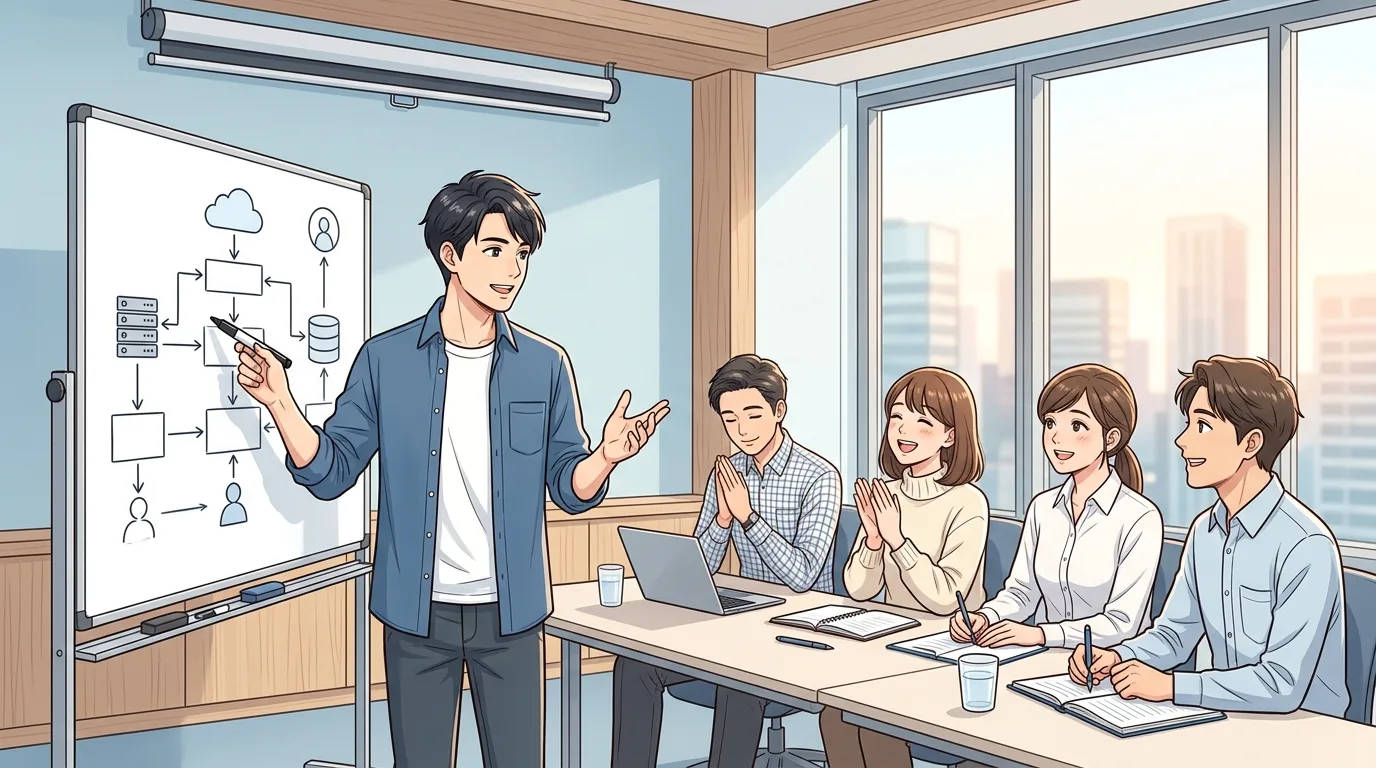 エンジニアがオフィスでチームメンバーにシステム構成を説明しているイラスト