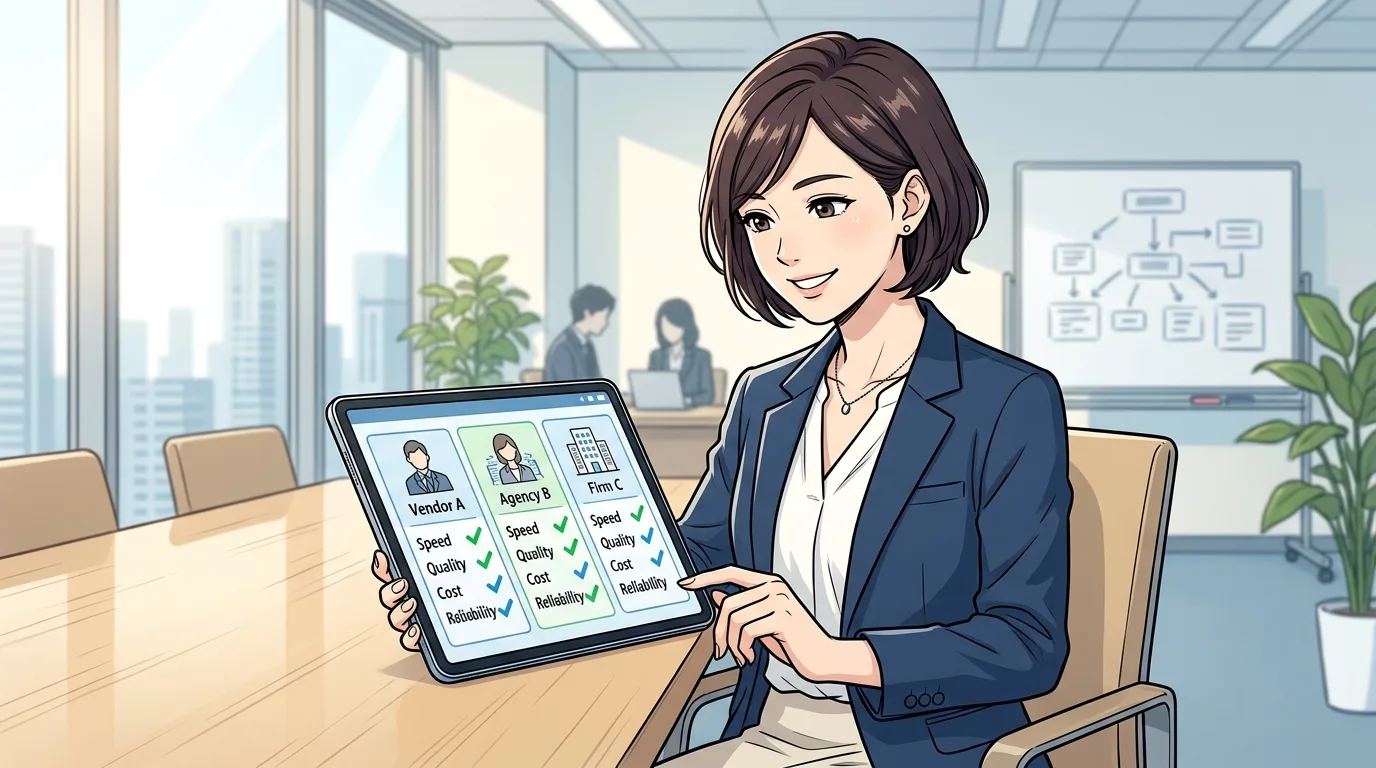 タブレットで開発会社の比較検討を行っているビジネスパーソンのイラスト