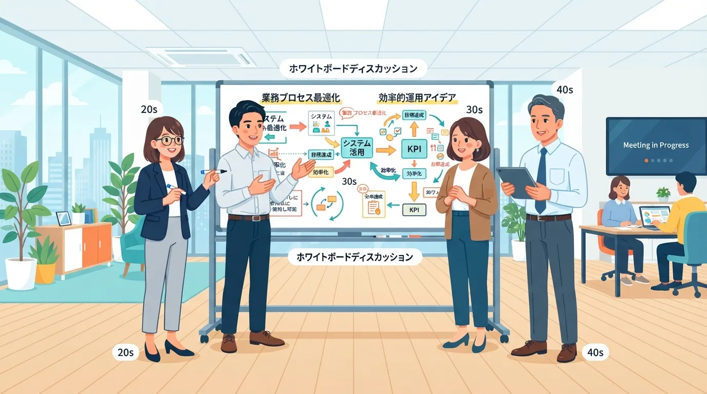 チームで業務プロセスを見直し、SaaSの活用方法を話し合う様子