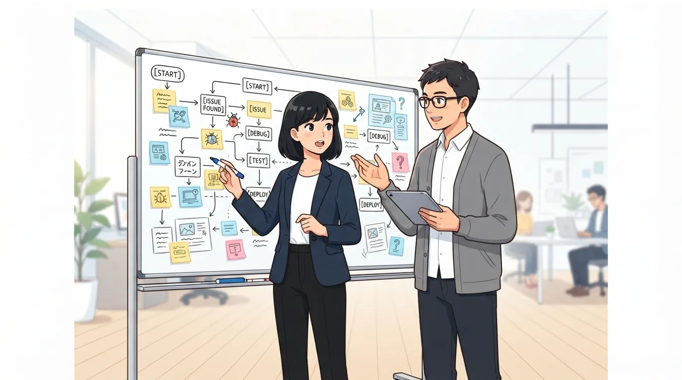 ホワイトボードと付箋を使いながらSaaS導入の課題について話し合う社員のイラスト