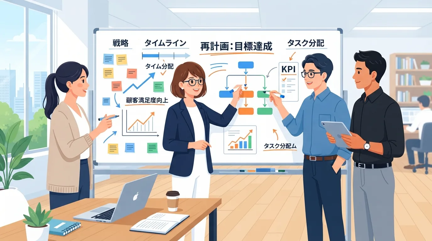 DXプロジェクトの立て直しとチーム協力を示すイラスト