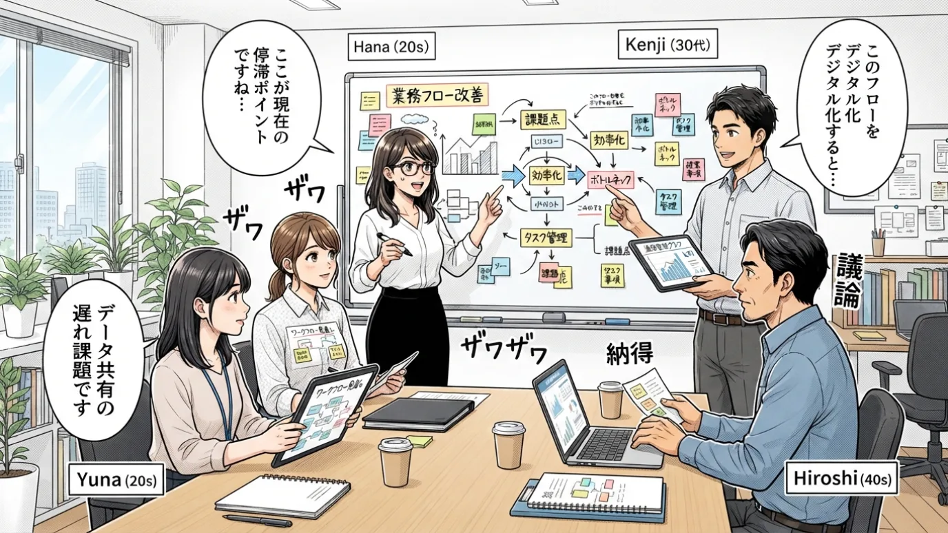 チームで業務フローの課題や原因について話し合う様子