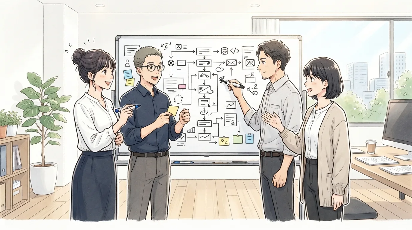 業務フローやツールの利用状況を整理するオフィスのイラスト