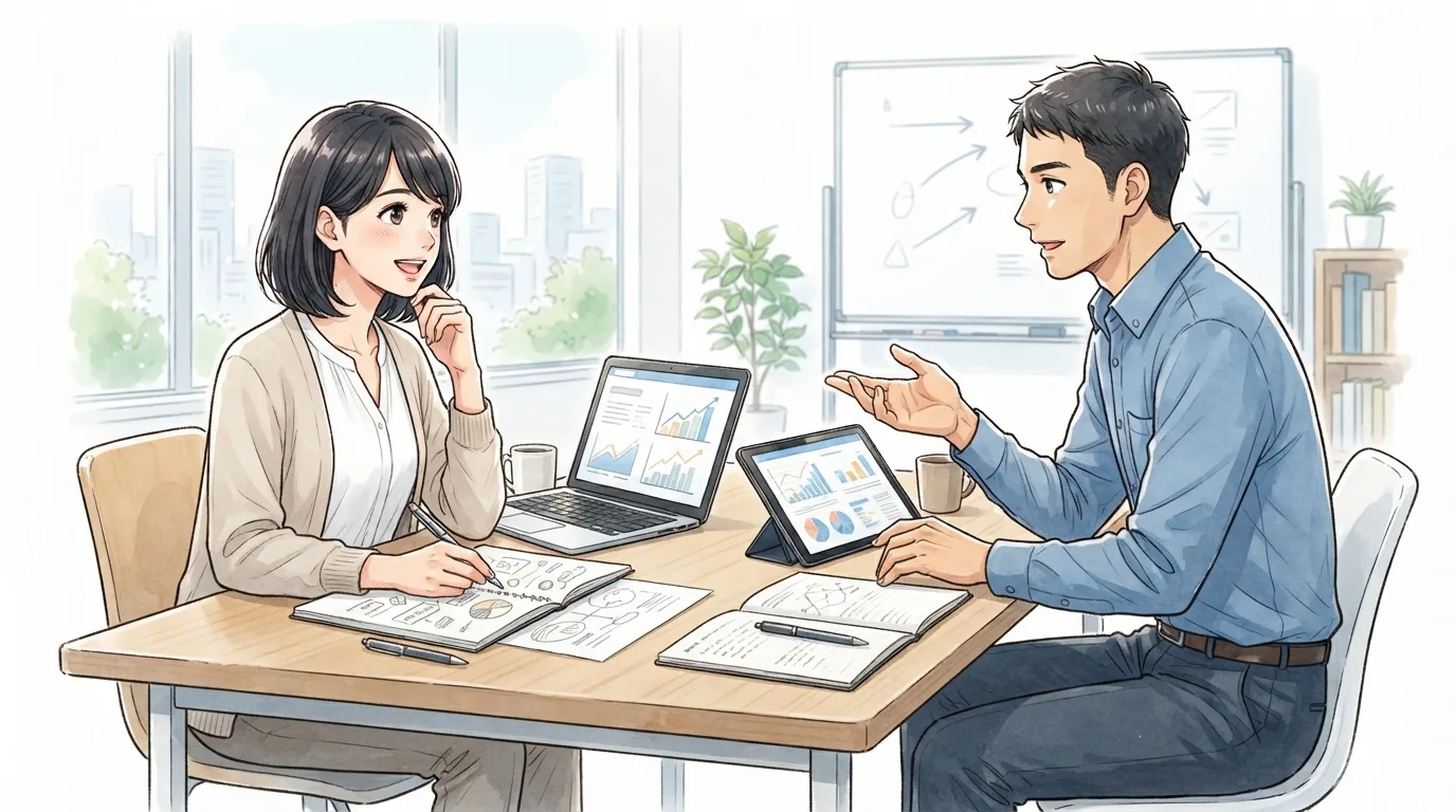 専門家に親身に相談しているビジネスシーンのイラスト