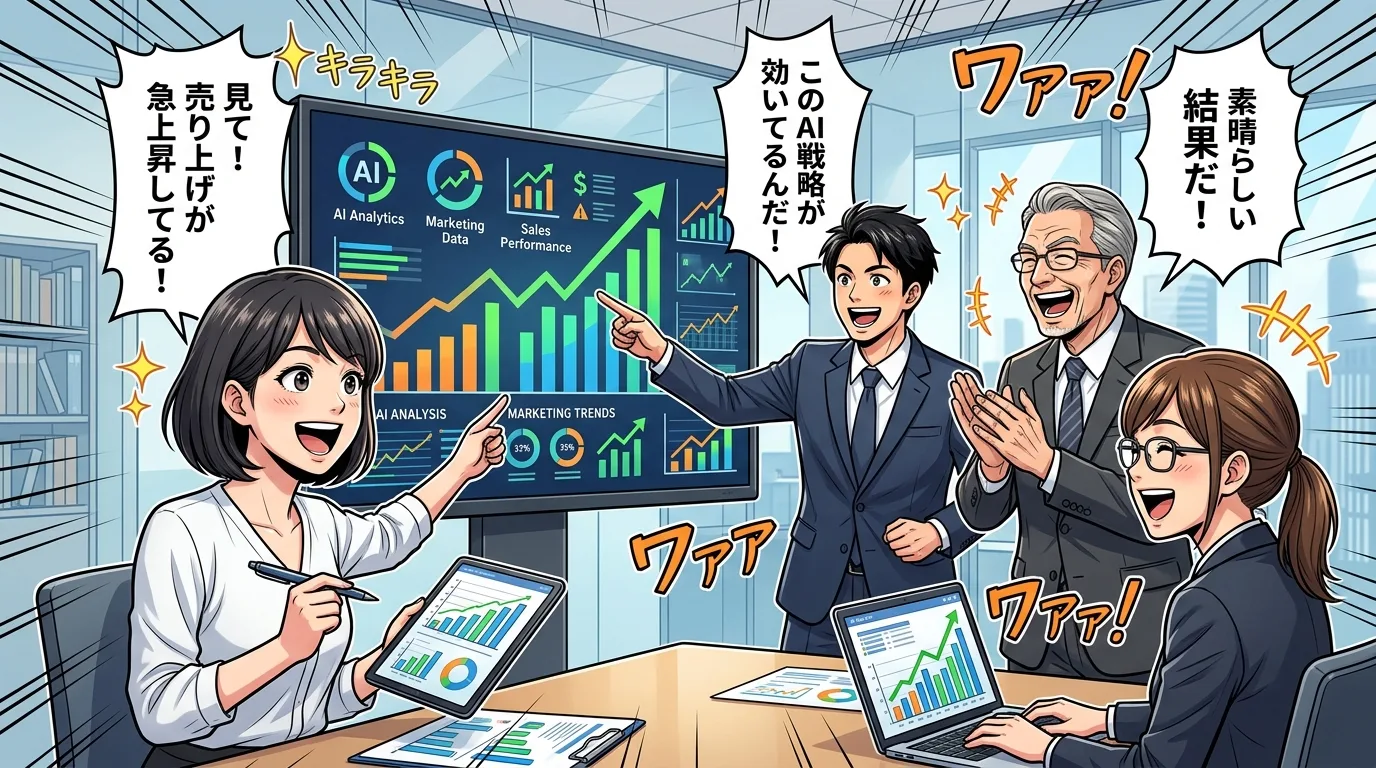 AI分析データと売上グラフを見て盛り上がるビジネスチーム