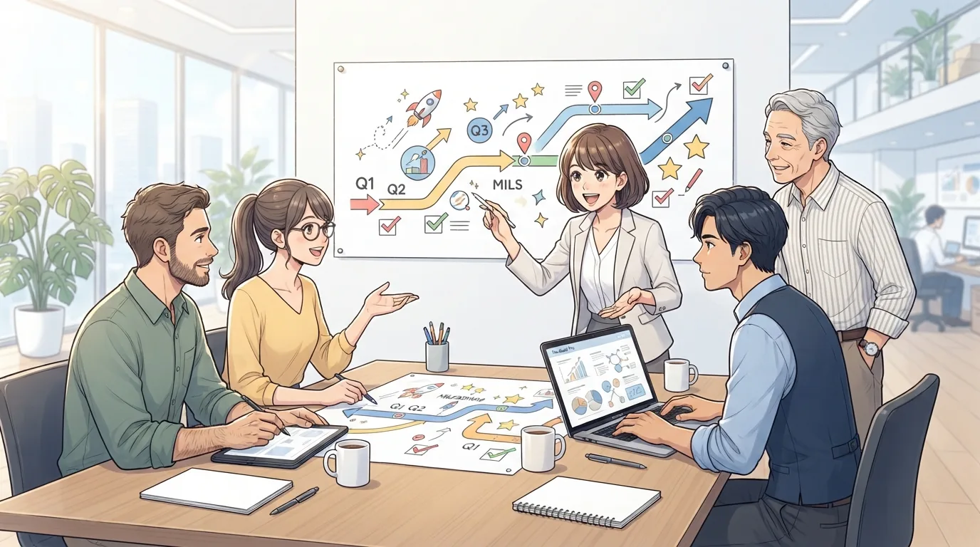 中小企業がDXの進め方や業務プロセスを見直しているイラスト