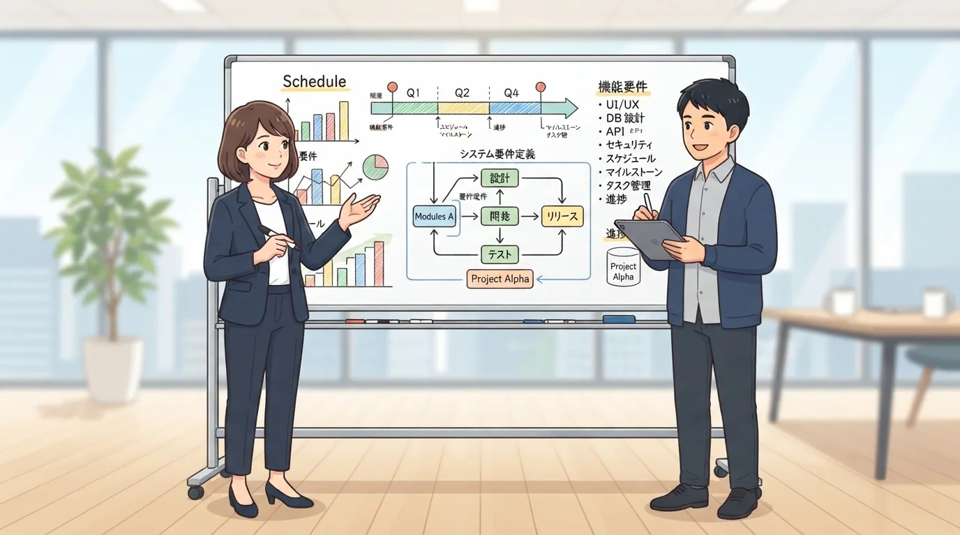 ITベンダーと打ち合わせをする発注担当者のイメージ