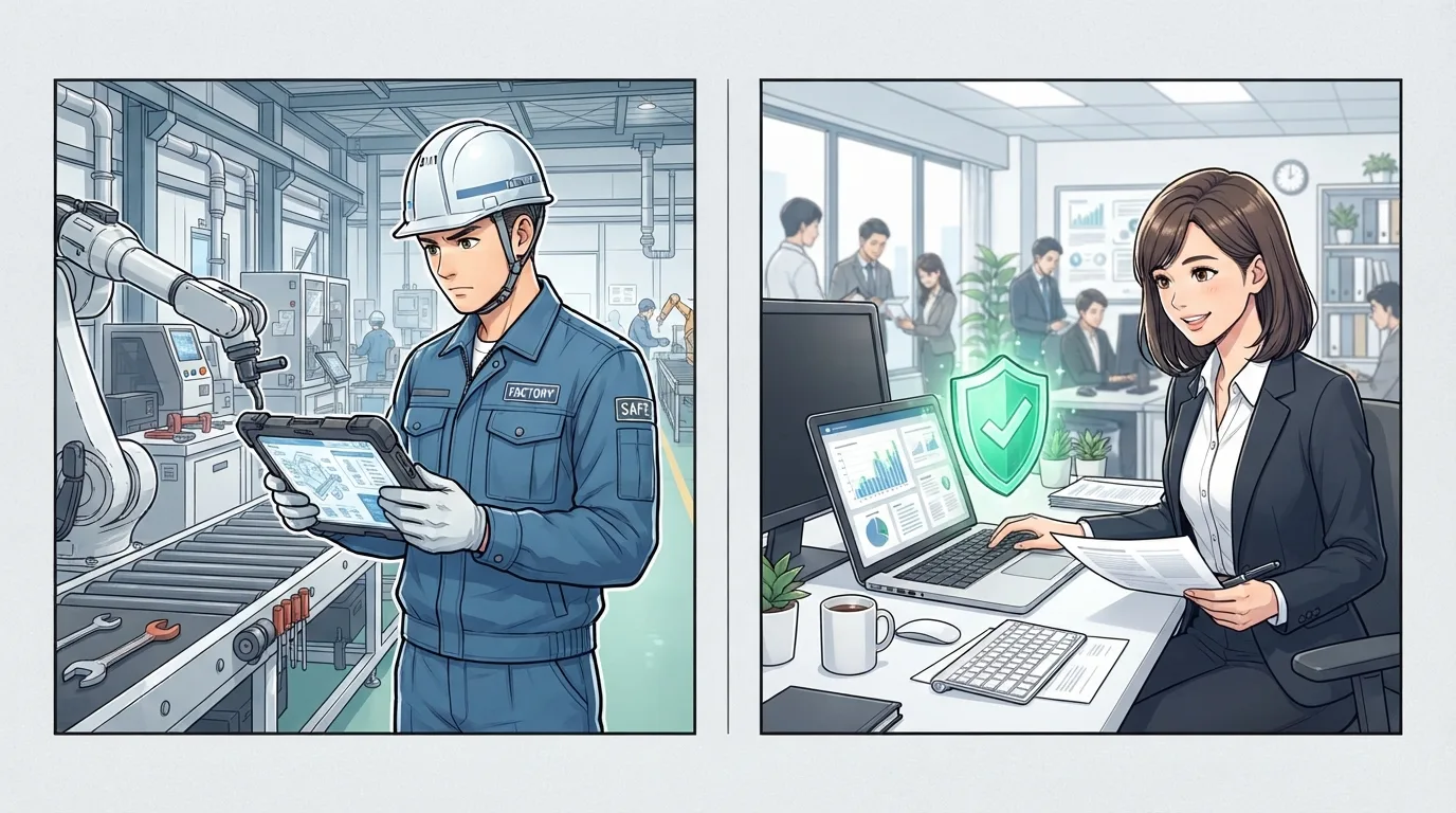 製造現場でのタブレット活用と士業オフィスでのセキュアなPC作業の様子