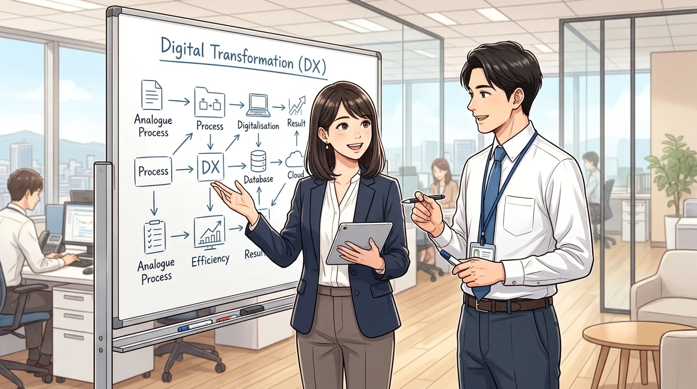 ホワイトボードの前で業務フローについて話し合う2人のビジネスパーソン