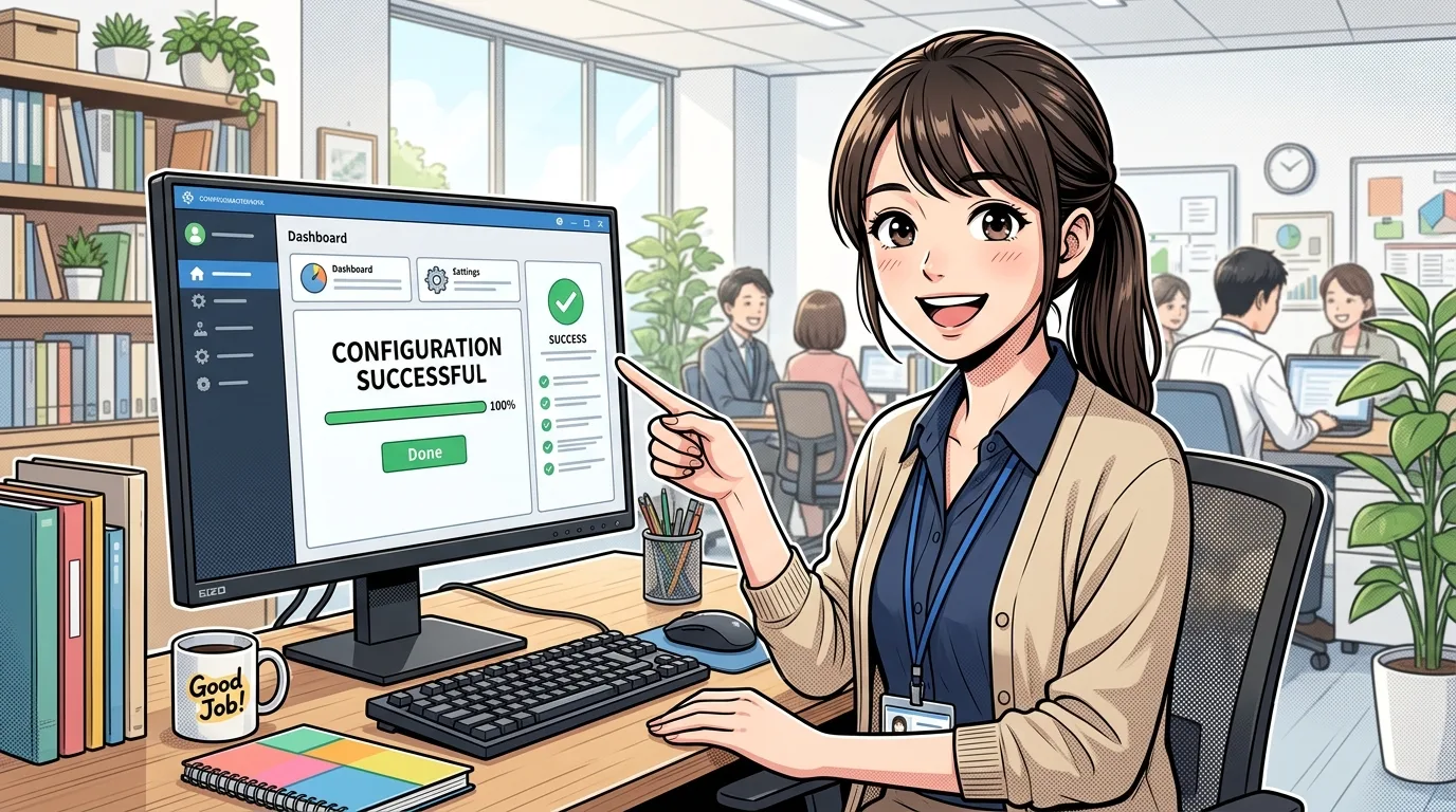 使いやすくなったPC画面を見て笑顔になる女性社員