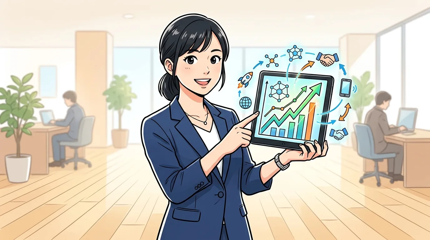 タブレットで上昇グラフを見ながら笑顔で話すビジネスパーソンのイラスト