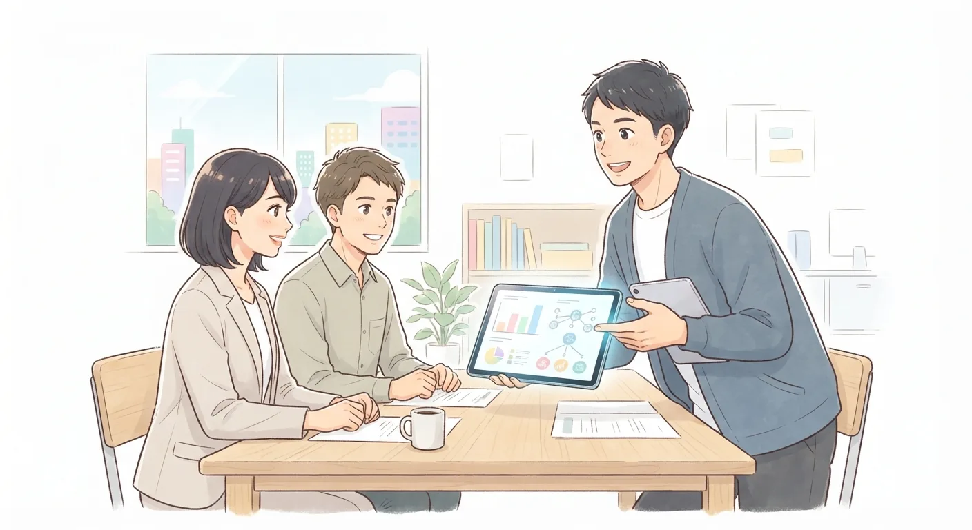 外部の専門家に相談して打ち合わせをするビジネスパーソンのイラスト