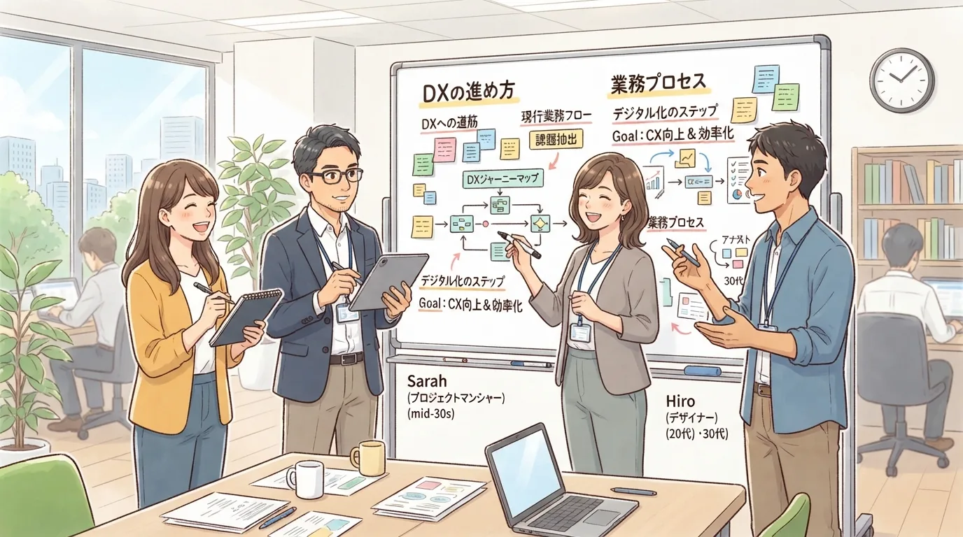 中小企業がDXを前に進めるための手順を検討している様子