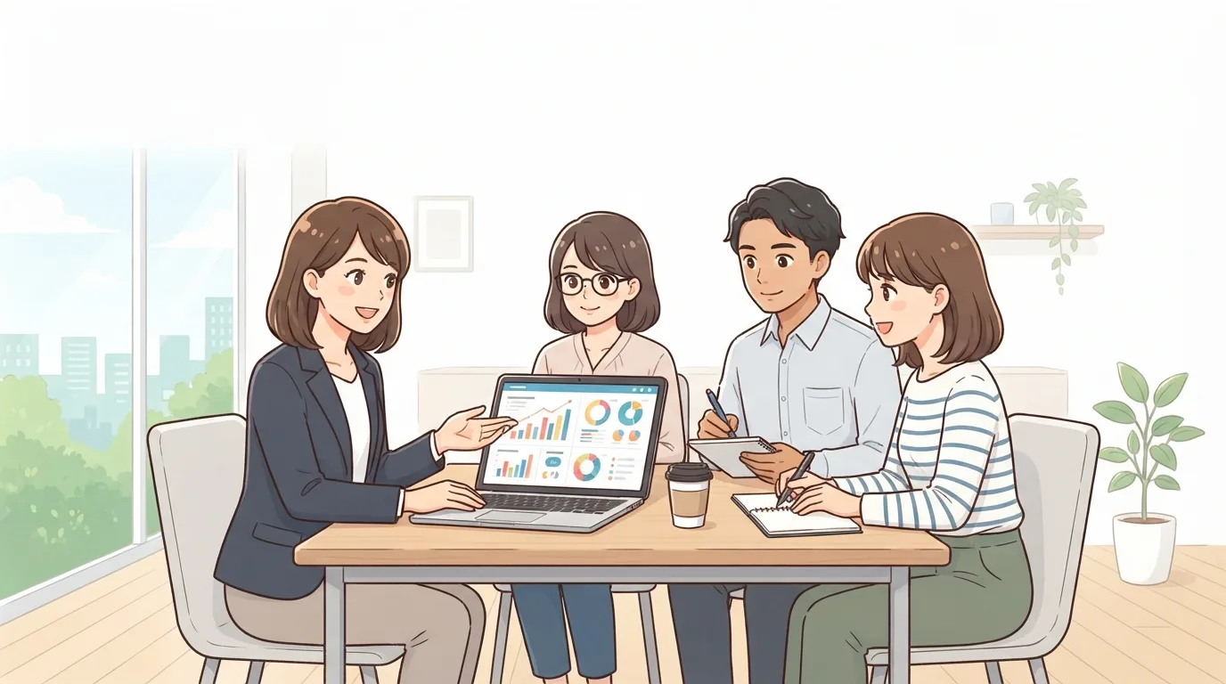 システムの導入状況をチェックするビジネスパーソンのイラスト
