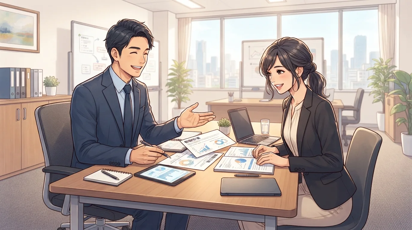 面談テーブルで専門家に相談するビジネスパーソンのイラスト