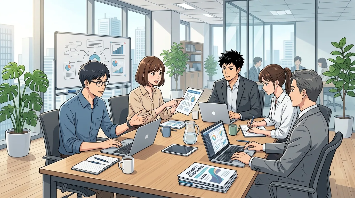 社内でセキュリティガイドラインについて話し合うオフィスワーカー