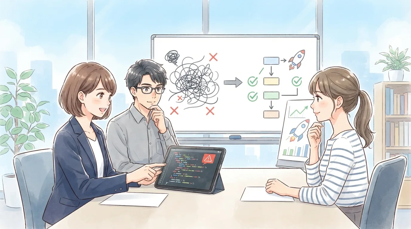 SaaS導入の失敗原因を分析し立て直しを検討する様子を表したイラスト