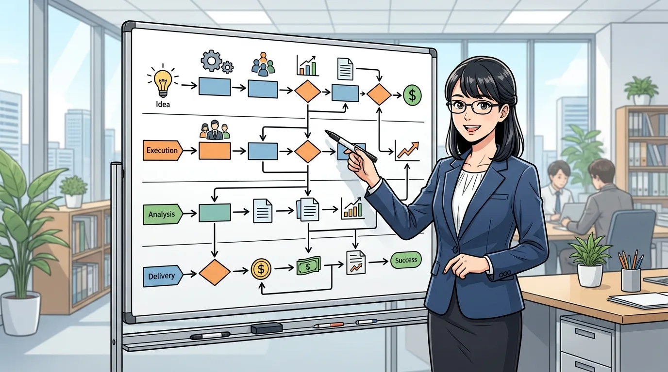 ホワイトボードの前でDXのステップを説明する女性専門家のイラスト