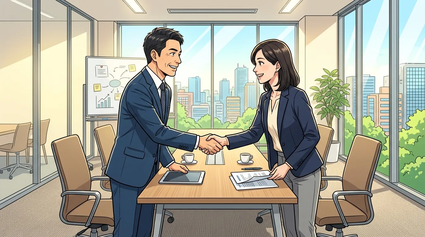 明るい会議室でコンサルタントと握手をするビジネスパーソンのイラスト