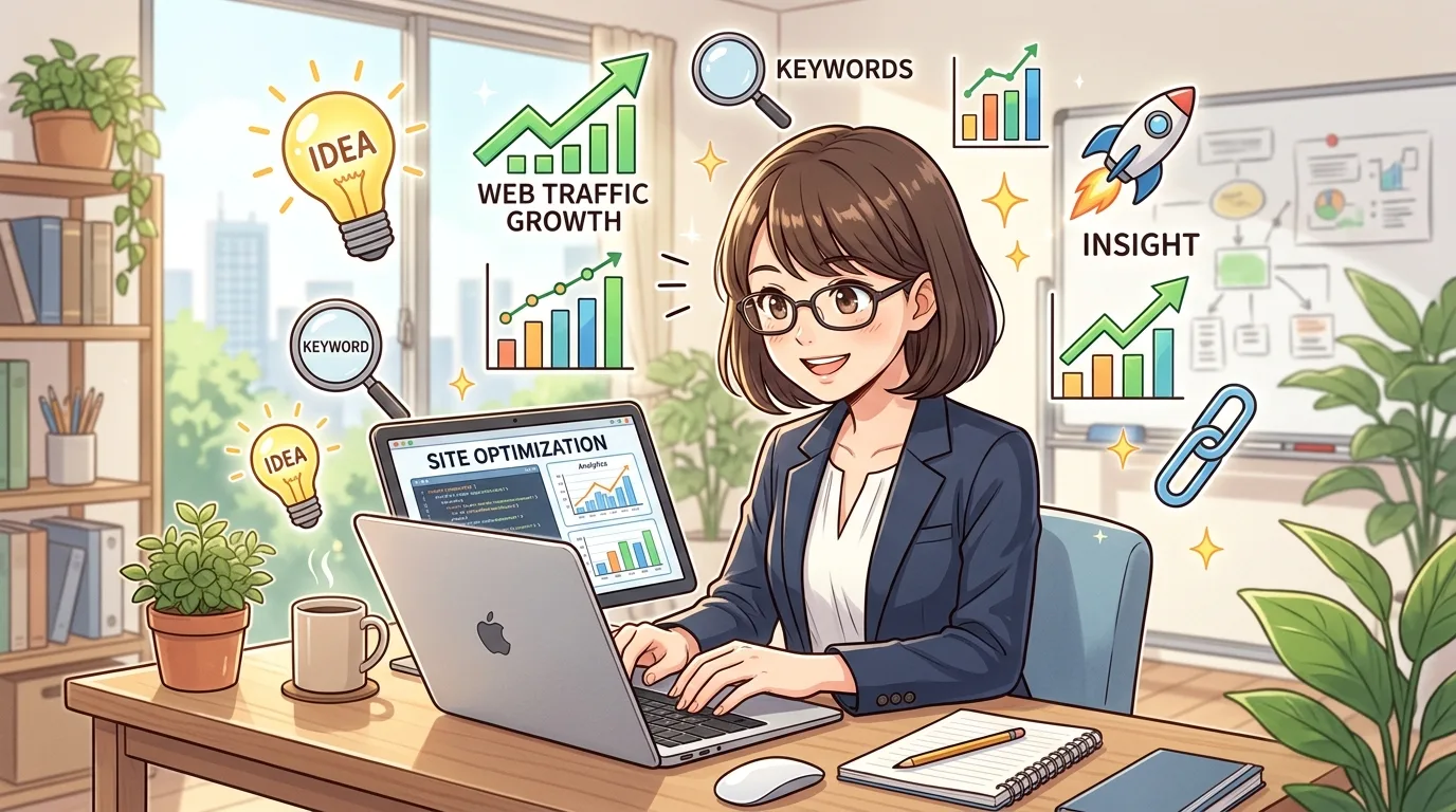 パソコンでWEBマーケティングやSEO施策を行う専門家のイラスト