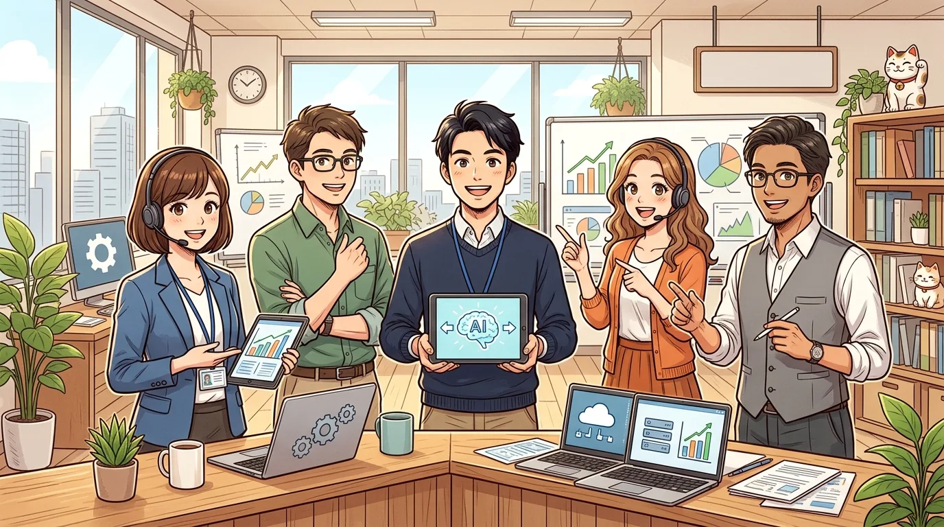 中小企業のDX相談にのる親しみやすいIT専門家チームのイラスト