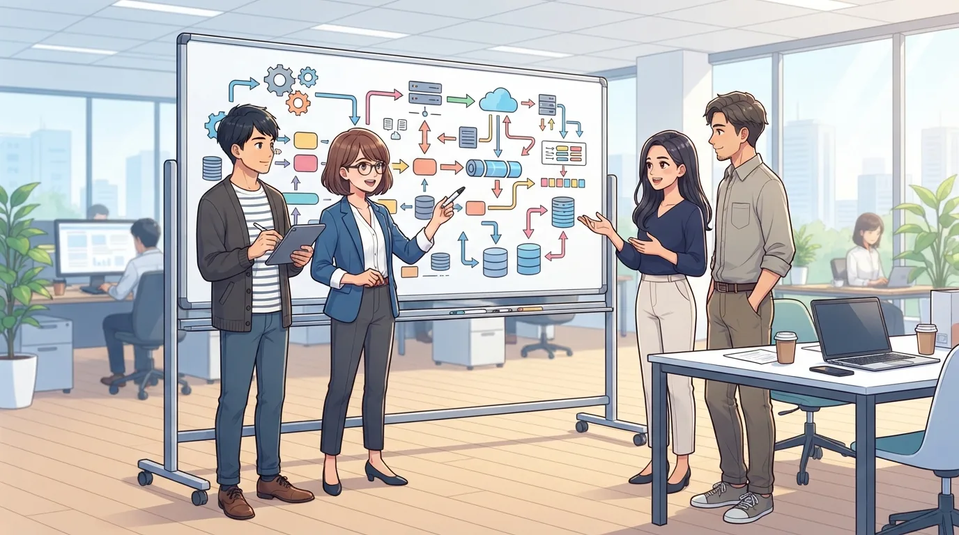社内でITツールの導入・立て直しを話し合うビジネスチームのイラスト