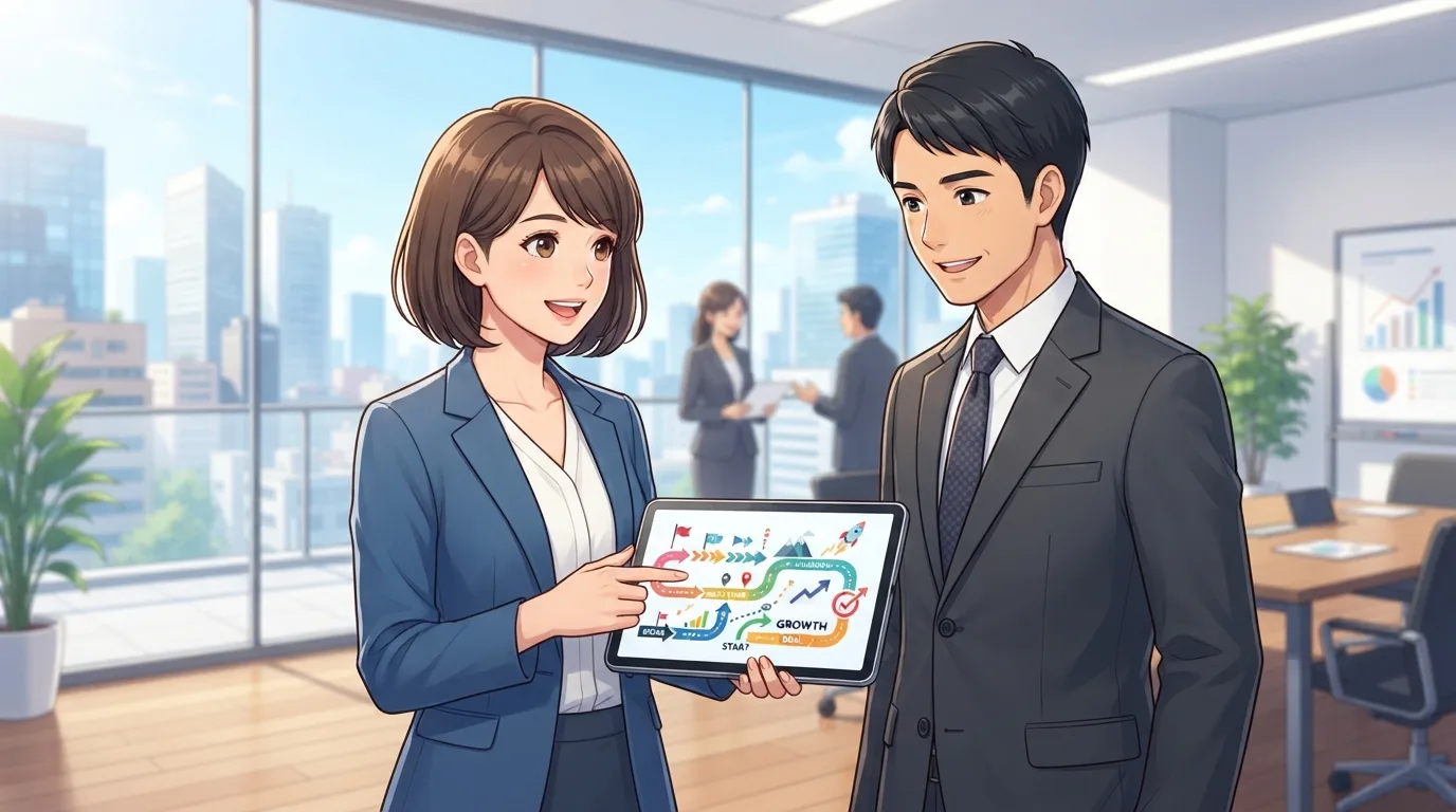 専門家からDXの相談を受けて最適なロードマップを提案される経営者のイラスト